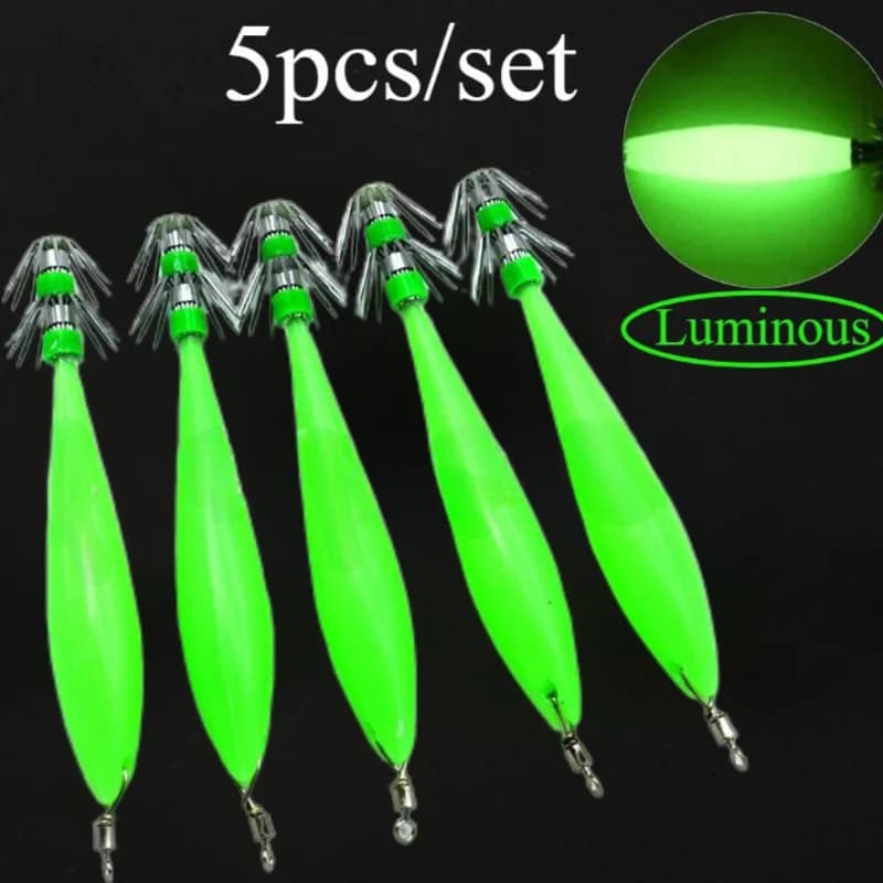 Ackibbik 5 leurres luminescents pour pêche au calmar et poulpe - hameçons spéciaux céphalopodes