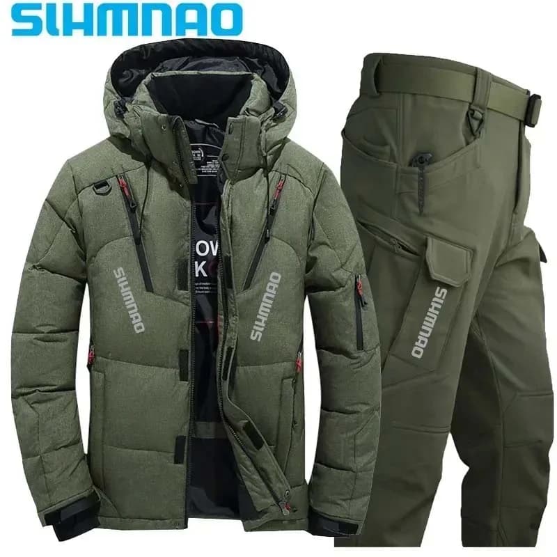 Combinaison Pêche Hiver 2026 Imperméable et Chaude avec Capuche, Veste Doudoune pour Camping Randonnée Chasse