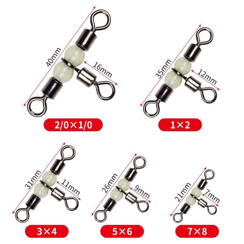Connecteur de pêche 3 voies T-Turn en acier inoxydable avec perles lumineuses - 10/50 pièces