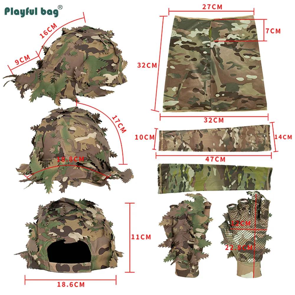 Set camouflage pêche Outdoor CP : casquette feuilles, gants tactiques, manches soie glacée, masque demi-visage