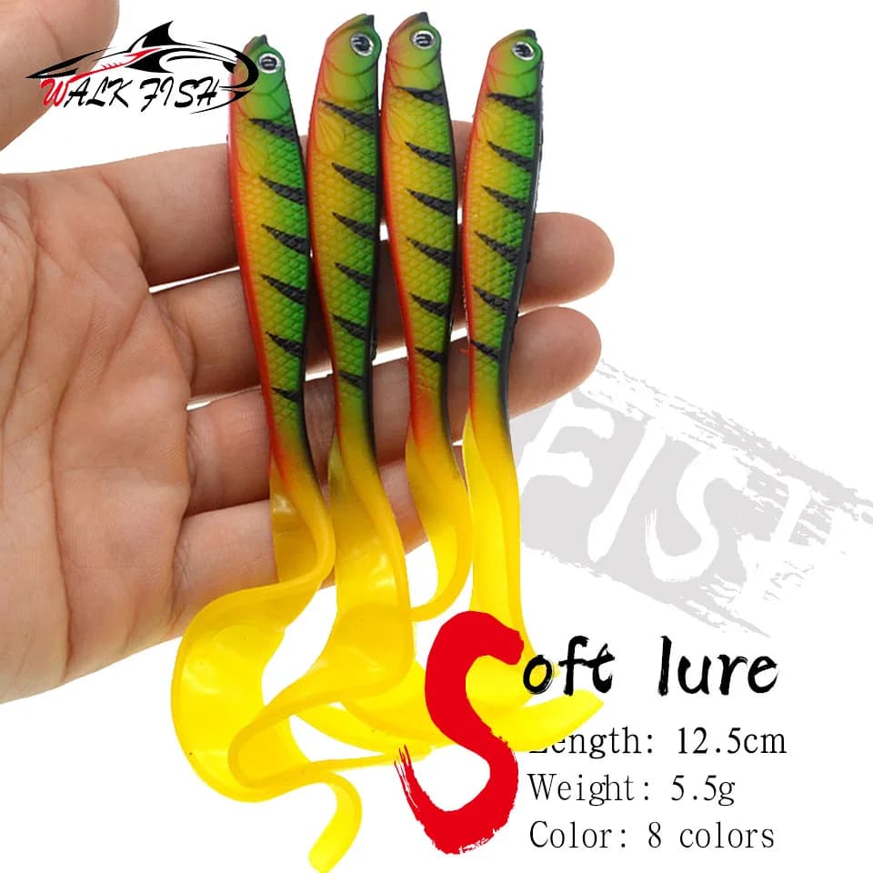 Set 4 wobbleurs WALK FISH 12.5cm 5.5g shad queue en T - Leurres souples silicone pêche brochet black bass