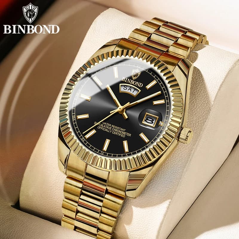 Montre homme sport acier inoxydable étanche date jour quartz marque BINBOND relogio masculino