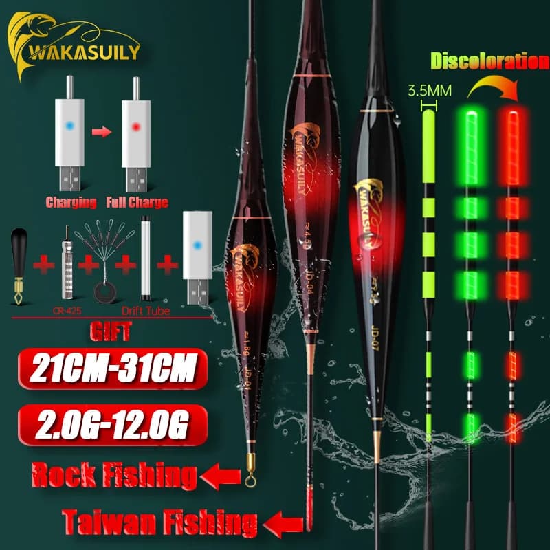 Flotteur électronique lumineux pour pêche aux roches 2024, détection de gravité, queue verte à rouge, avec chargeur USB