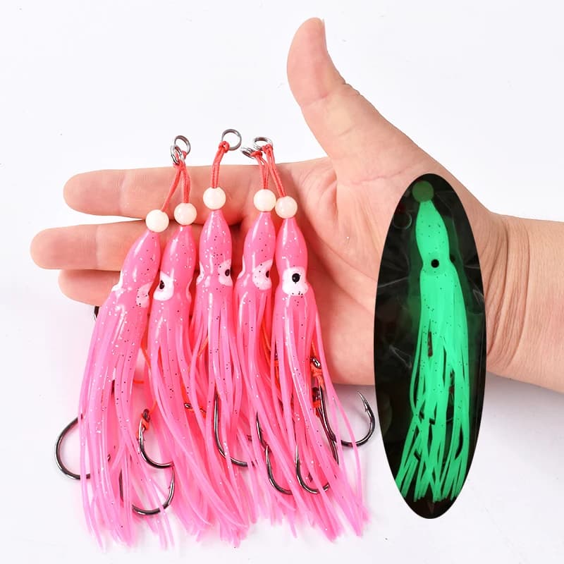 5 calamars souples 12cm avec jupes silicone et hameçons doubles assist - Pêche mer