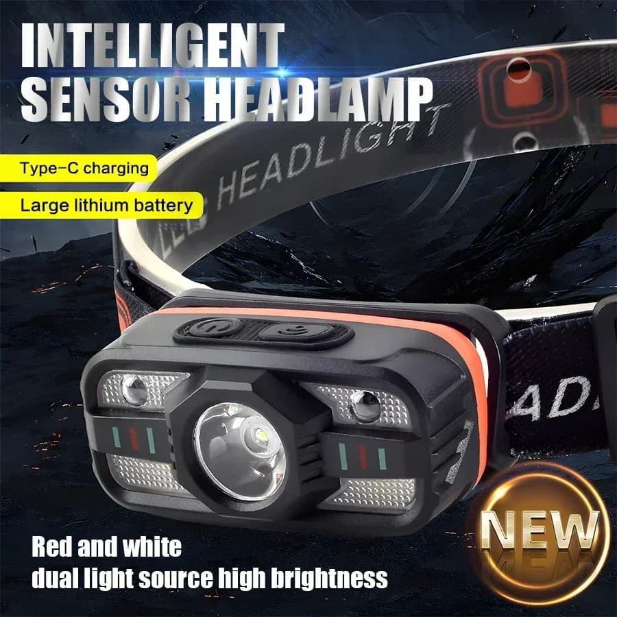 Lampe frontale LED rechargeable capteur 6 modes légère pour pêche nocturne et camping