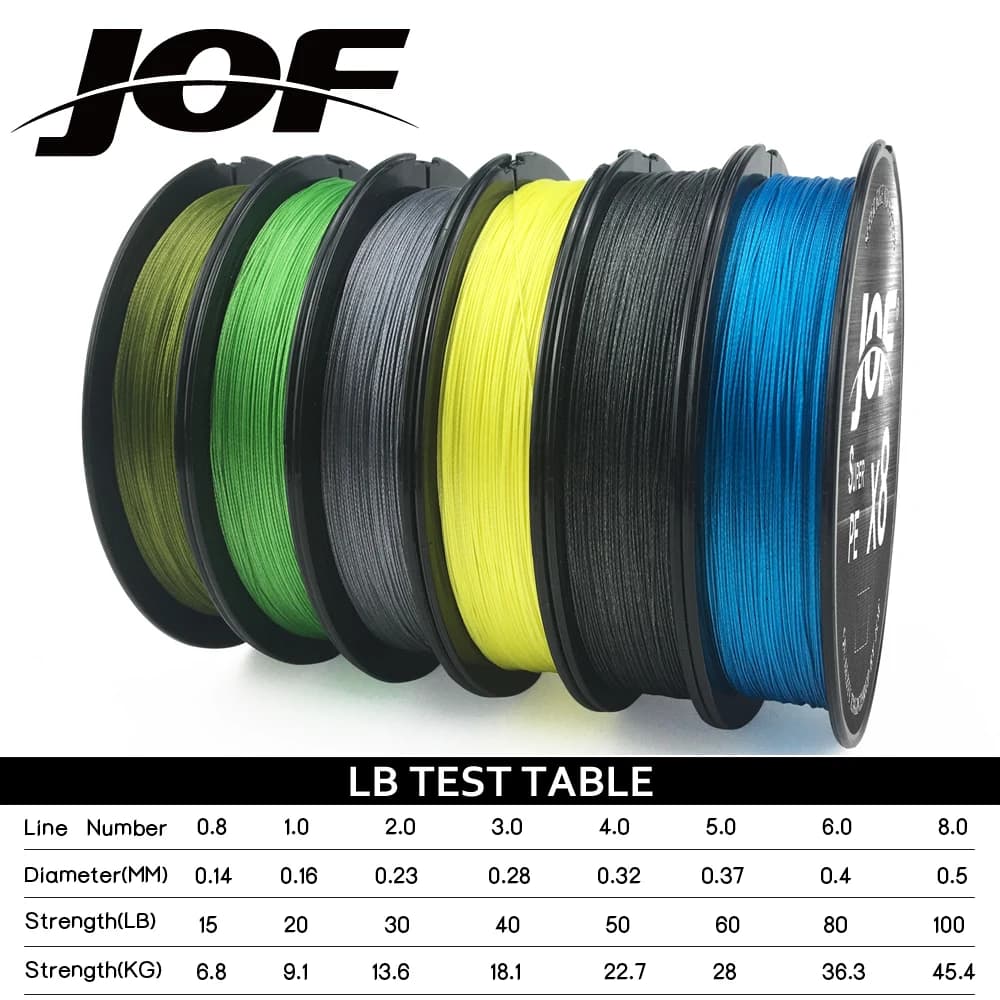 Ligne de pêche PE multifilament JOF 8 brins 500m pour carpe et mer, résistance 15 à 100LB
