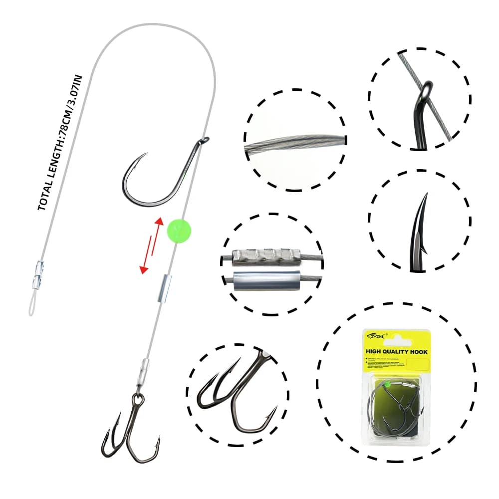 Montage stinger 1 pièce avec hameçon simple et triple pour vifs morts - 49 brins acier pour silure et daurade