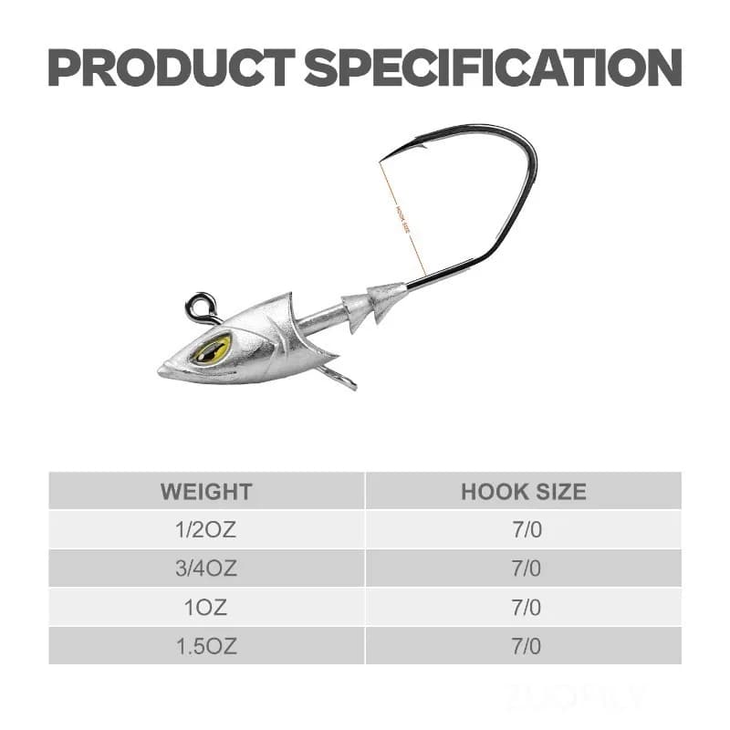 Hameçons plombés mer 5 pièces 14g à 42g pour bar et daurade - Tête poisson simulée avec porte-hameçon élargi