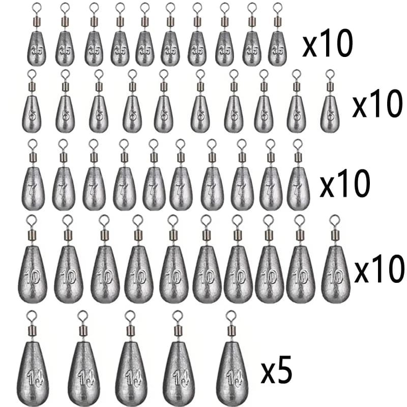 Kit 45 plombs drop shot 3.5g à 14g pour pêche aux leurres et montages carnassiers précis