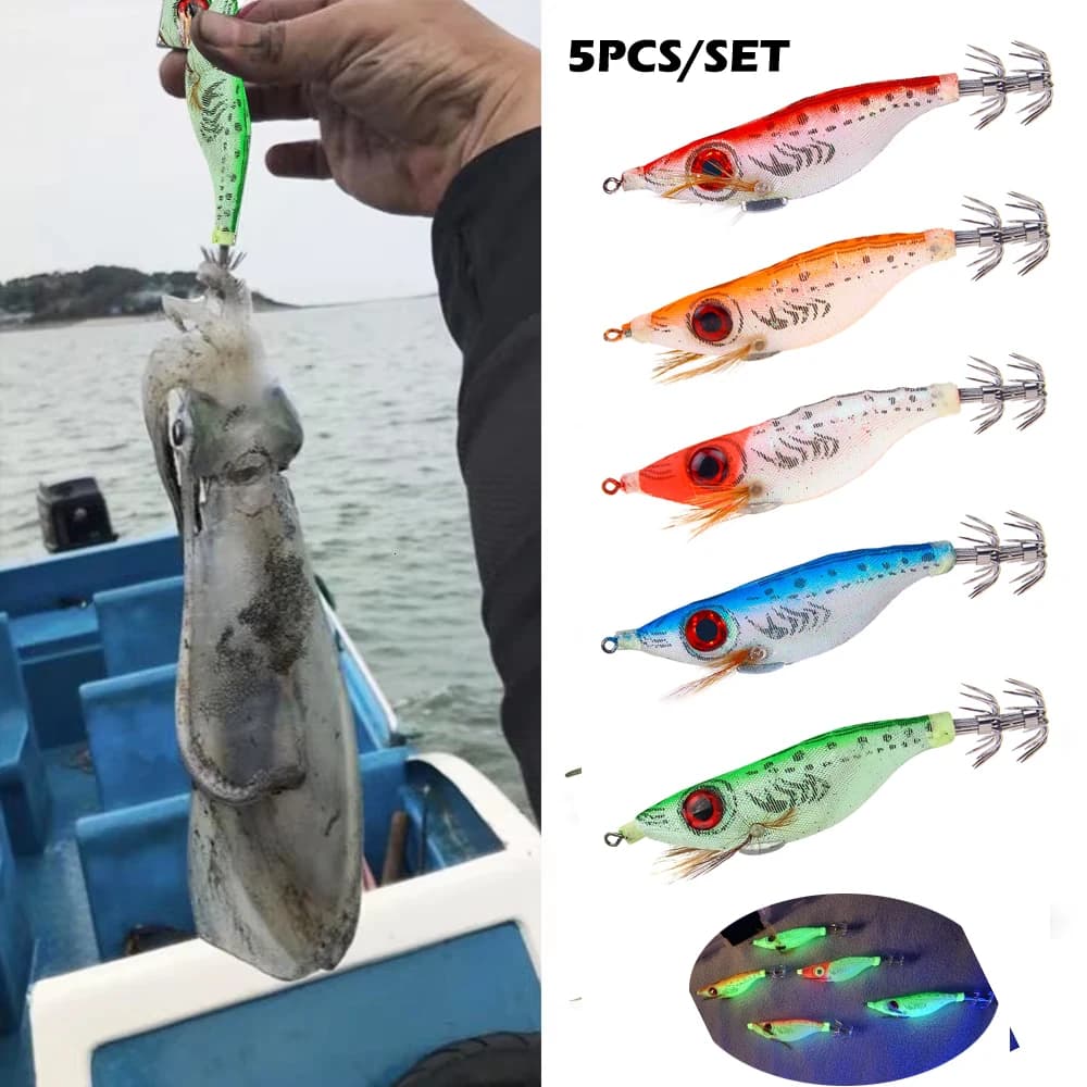 Set 5 Leurres Crevette en Bois avec Plomb et Hameçon pour Pêche au Calmar et Seiche