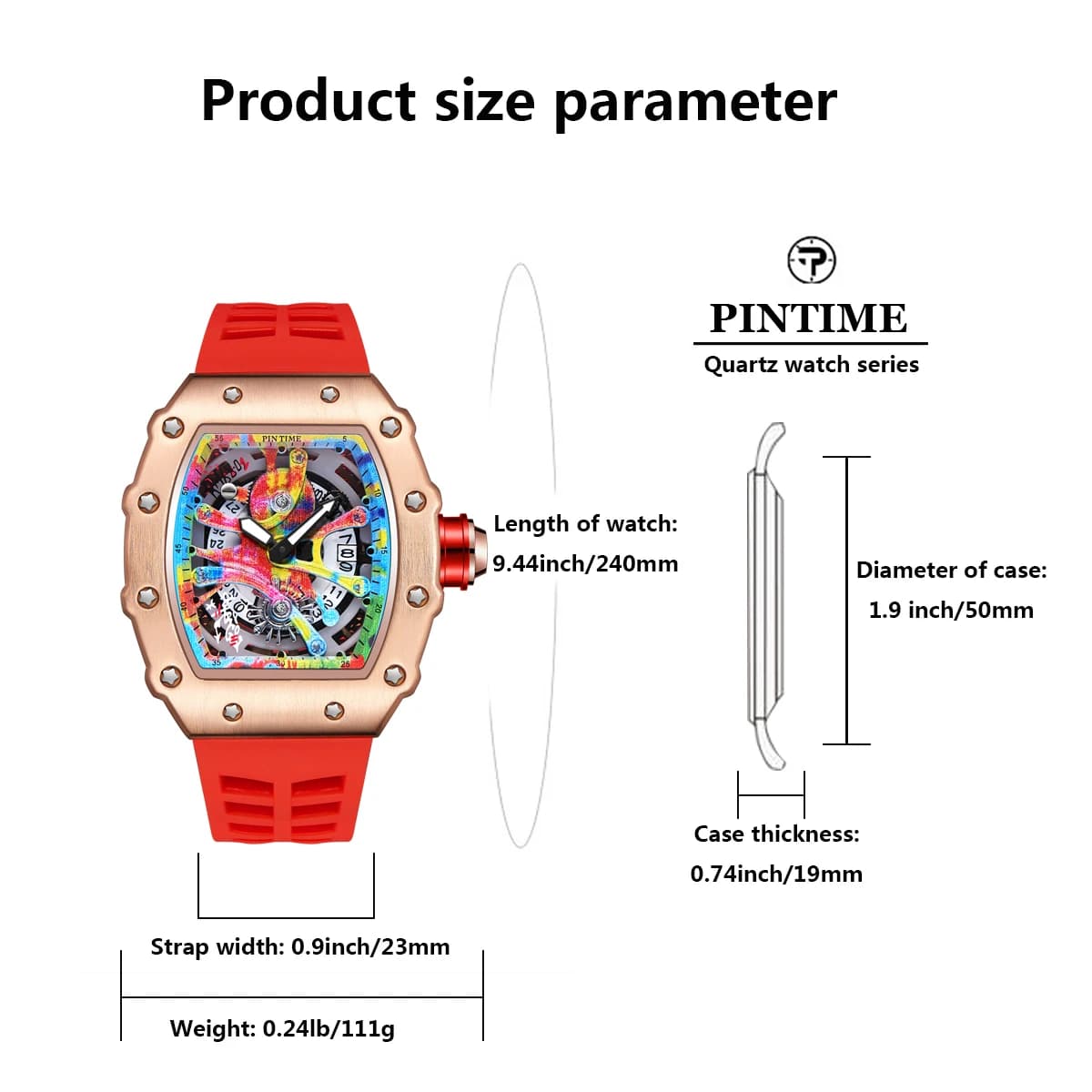 Montre homme luxe quartz étanche PINTIME cadran graffiti tonneau pour sport et pêche plaisance