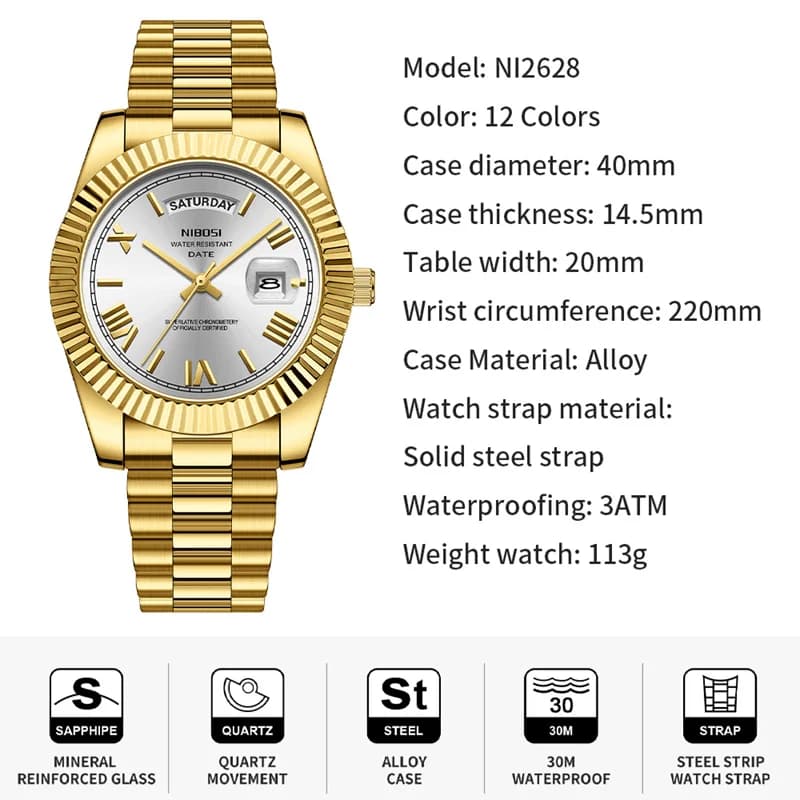 Montre homme NIBOSI luxe or rouge quartz étanche pêcheur affichage date semaine lisible pêche