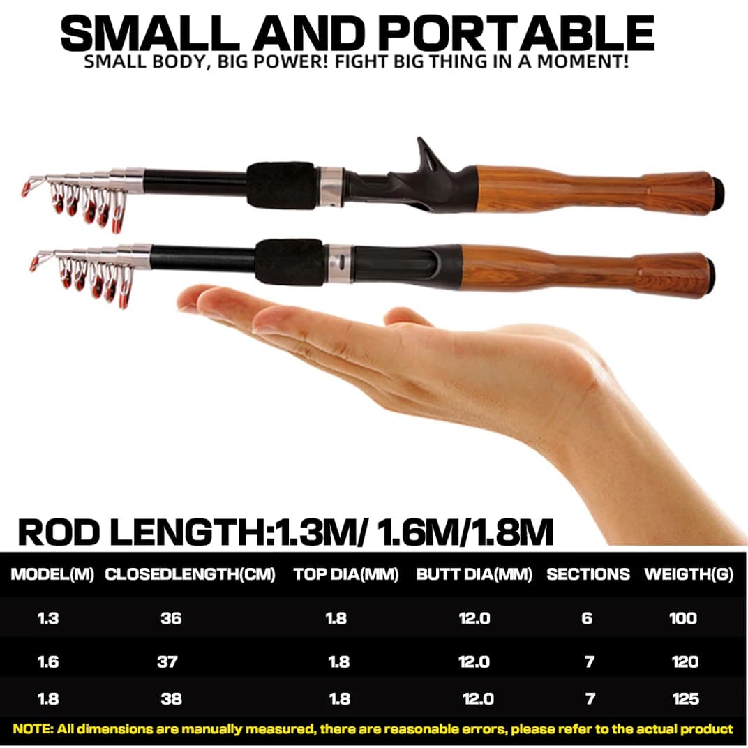 Canne à pêche leurre carbone 1.3m 1.8m mini voyage légère spinning casting baitcasting - Pêche sportive