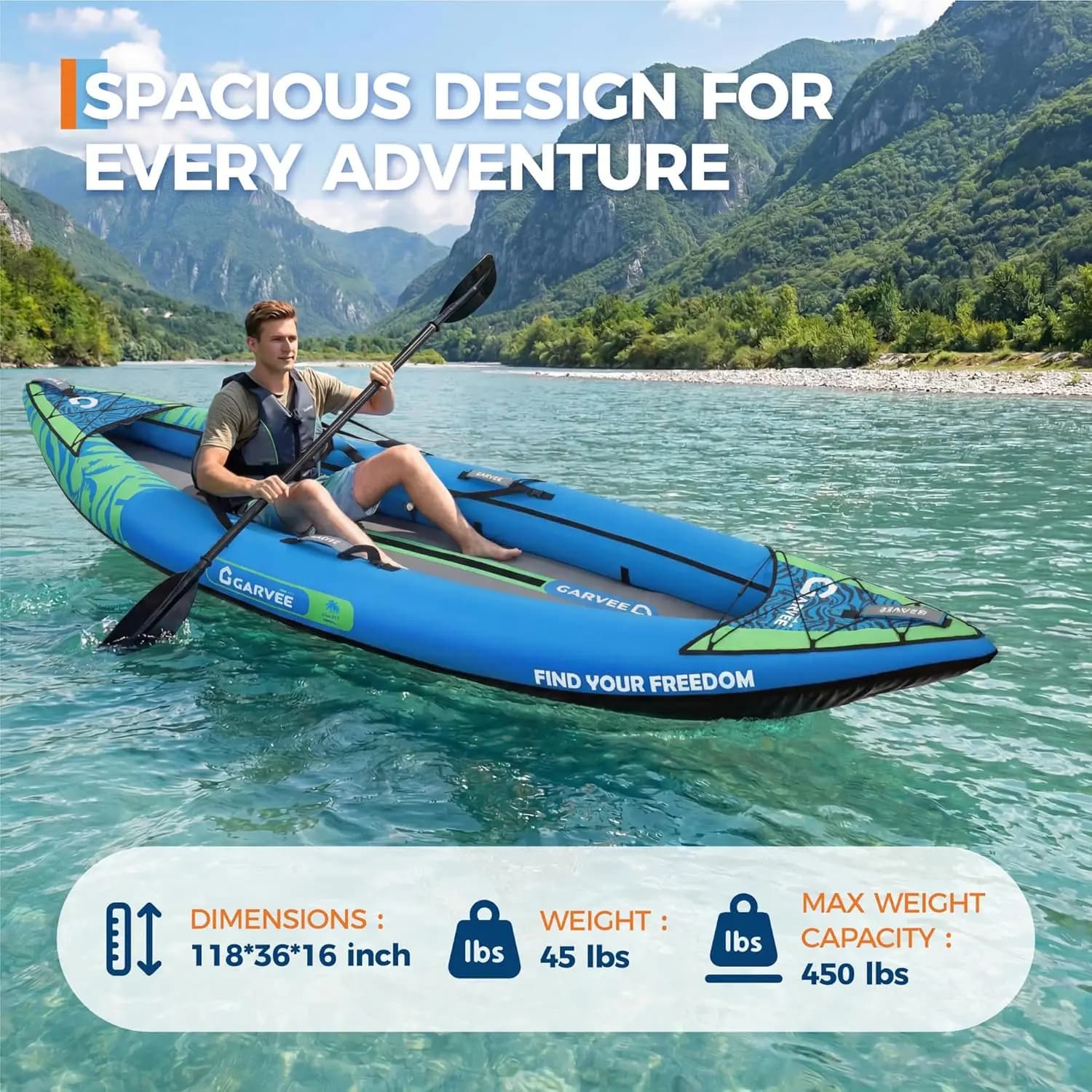 Kayak gonflable 2 places pour pêche et randonnée avec sièges rembourrés, pagaies et pompe