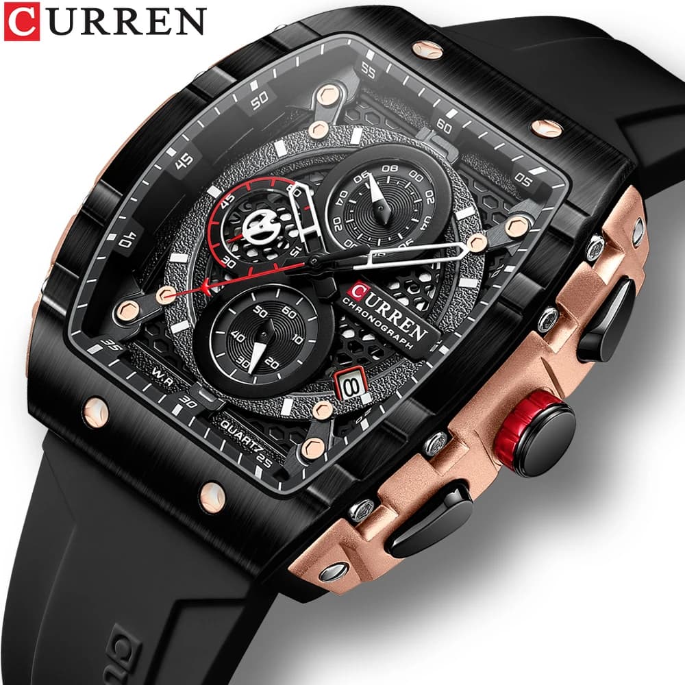 Montre homme Curren luxe chronographe quartz étanche lumineuse boîtier carré bracelet silicone montre de pêche