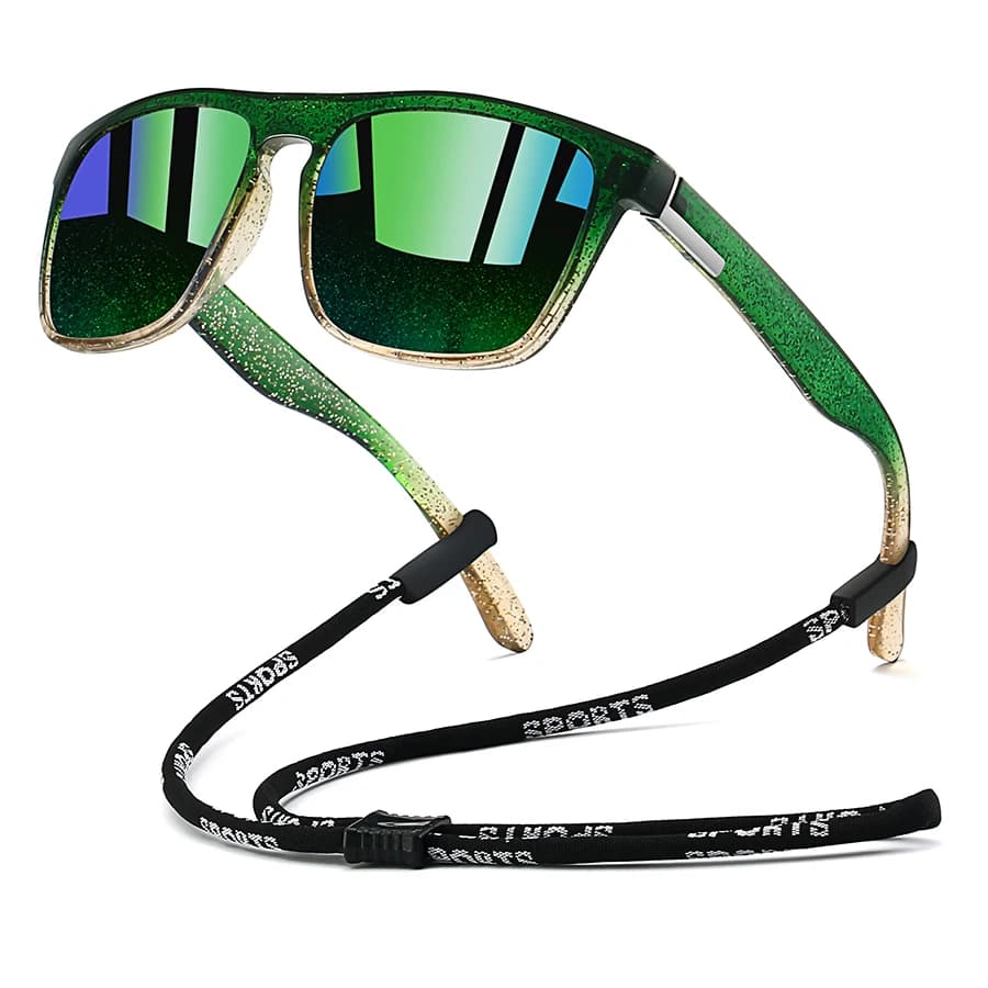 Lunettes de soleil avec chaîne pour pêche et conduite - Monture carrée classique - Légères et colorées