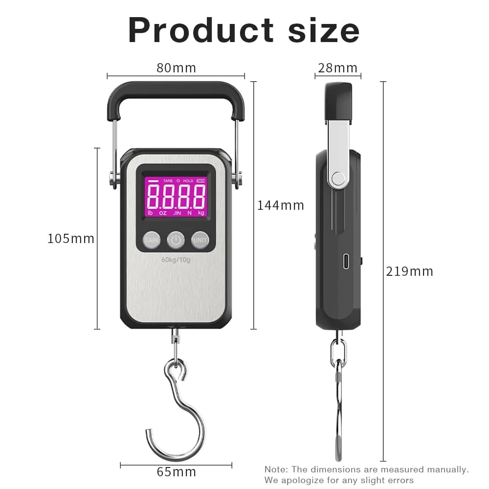 Pèse-bagages électronique rechargeable LCD 60kg/10g pour la pêche, voyage et pesée de poissons portable
