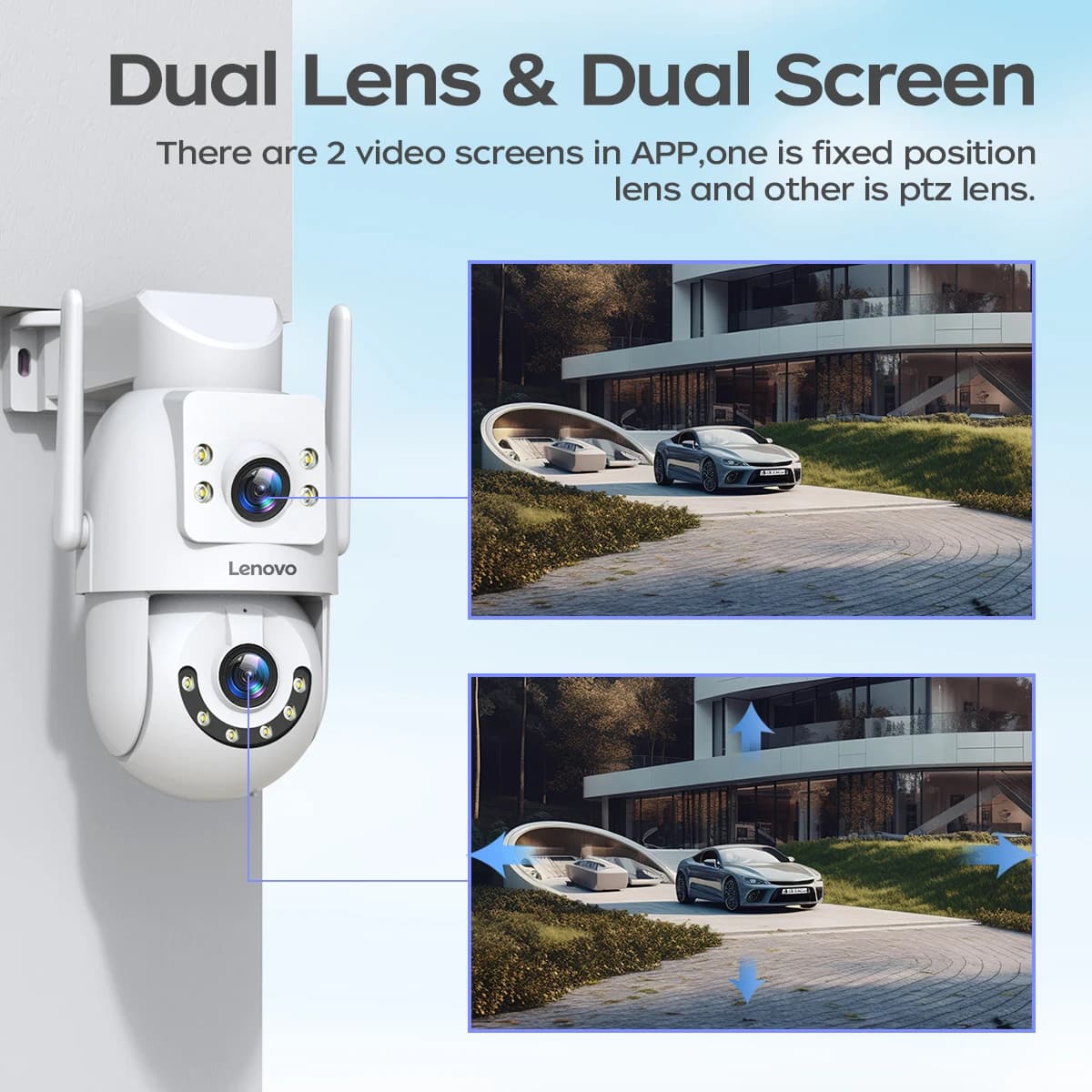 Caméra de surveillance WiFi Lenovo 4K extérieur double lentille PTZ, tracking automatique pour sécurité maison et abri pêche