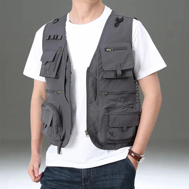 Veste de pêche cargo rouge personnalisable 2025 - Yelek multi-poches nylon pour journaliste photo camping
