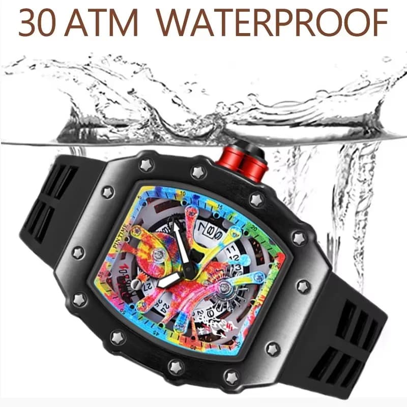 Montre homme luxe tonneau multifonction cadran graffiti automatique étanche sport quartz occasion