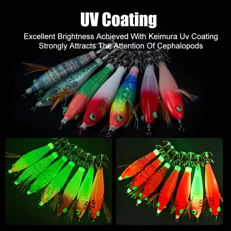 Kit 14 leurres lumineux horizontal squid jig bois crevette avec hameçons BKK pour pêche au calmar