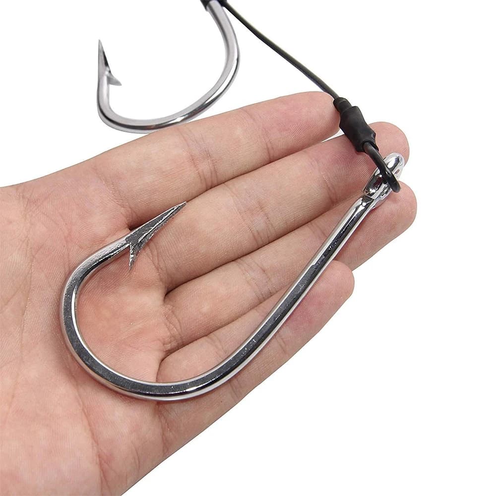 Montage requin double hameçon thon - Câble acier 400lb 4 ou 2 pièces - Leader anti-dent pour pêche gros