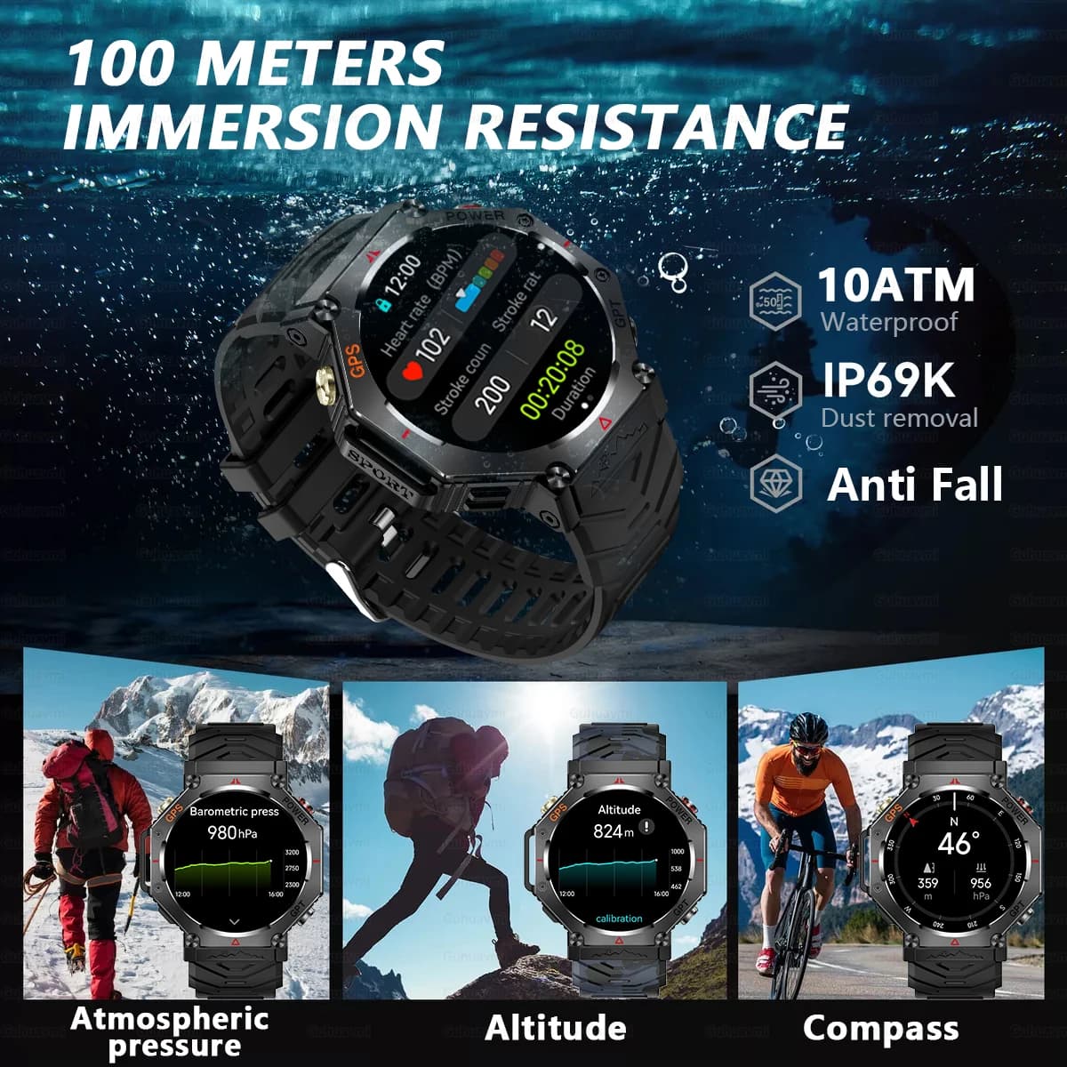 Montre militaire T-Rex 3 - GPS intégré, étanche 10ATM, boussole et altimètre pour aventures extrêmes
