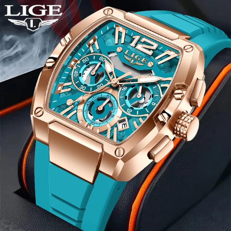 Montre homme sport LIGE chronographe étanche bracelet silicone lumineux design tonneau aéré