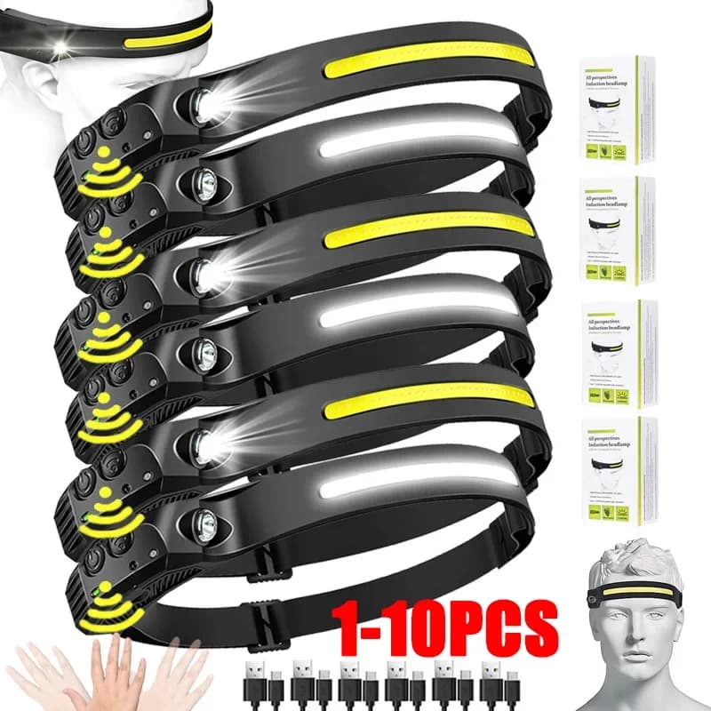 Lampe frontale pêche rechargeable USB LED XPE+COB détecteur mouvement étanche pour nuit