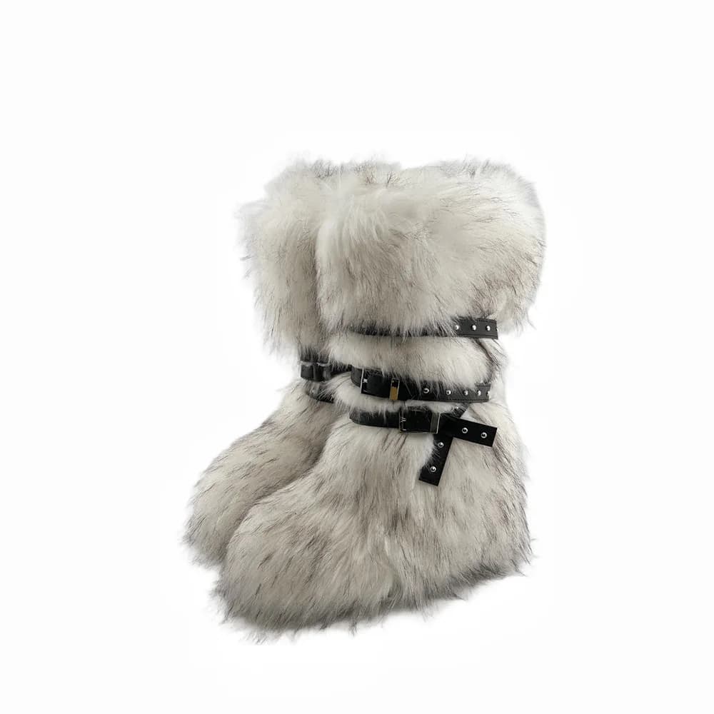 Bottes genou fourrure synthétique femmes plateforme wedge boucle croisée marron spice girl hiver neige pêche