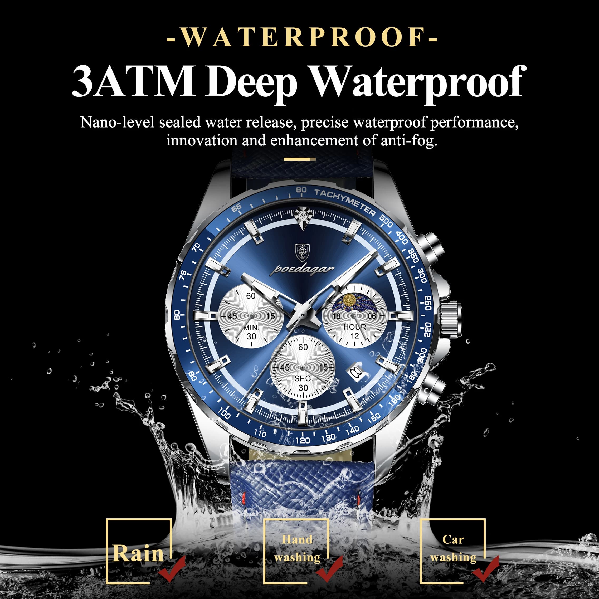 Montre homme étanche lumineuse chronographe cuir sport - Poedagar Original Fashion pour pêche