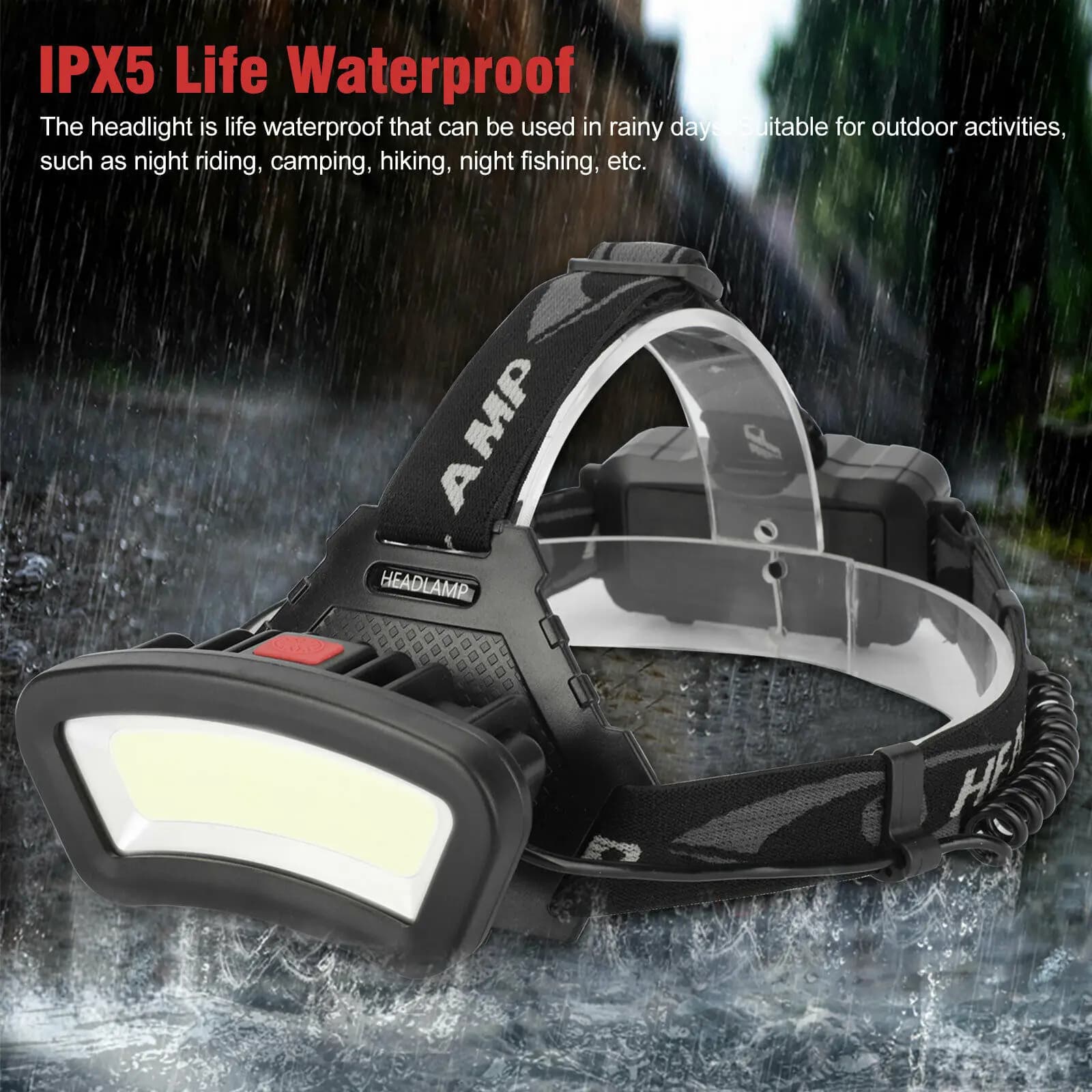 Lampe frontale COB LED angle large rechargeable USB avec indicateur batterie pour pêche