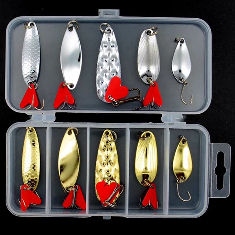 Kit complet 10 leurres cuillère métal or et argent - Set avec boîte de rangement pour pêche tous carnassiers