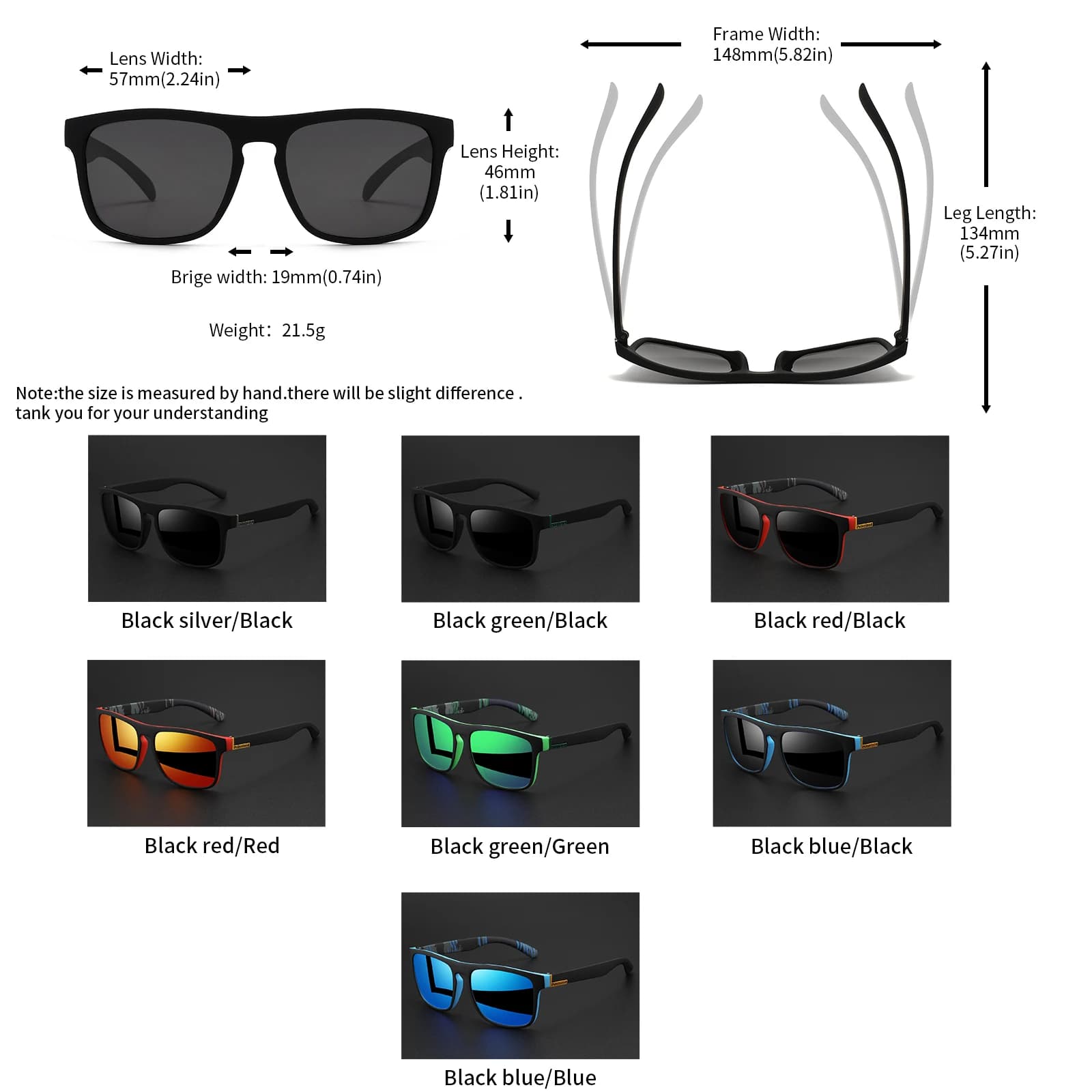 4 lunettes carrées polarisées sport pêche - Monture PC légère UV400 vélo conduite