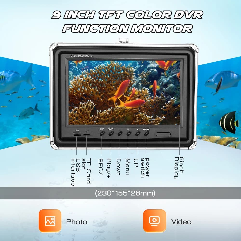 Caméra pêche sous-marine 9 pouces DVR IP68 38 LEDs rotative 360° pour finder 20m à 100m