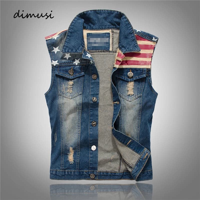 Gilet denim déchiré style cowboy pour pêche - Veste sans manches vintage USA flag grande taille 5XL