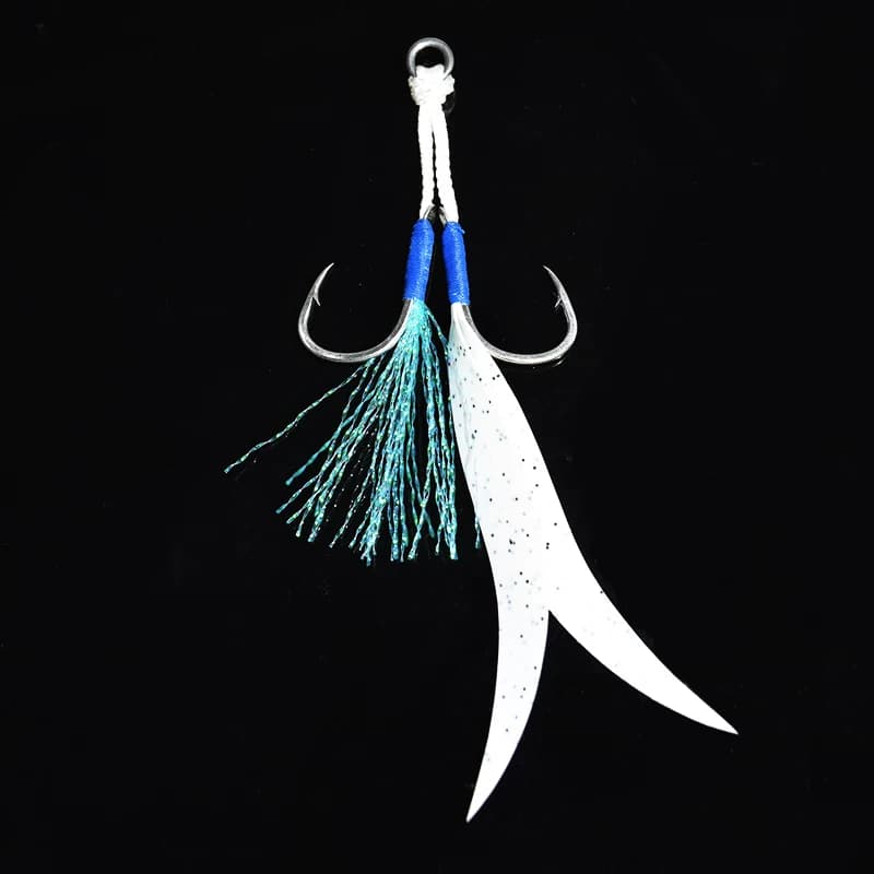 Set de 4 jigs métalliques avec jupe silicone et hameçons assist double acier carbone pour pêche en mer