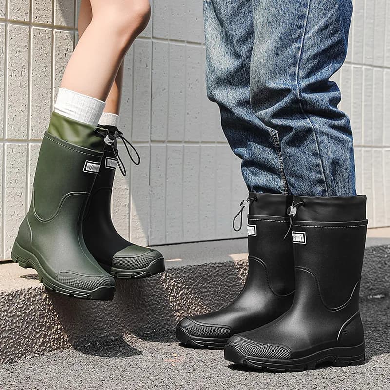 Bottes mi-mollet homme imperméables anti-vent avec cordon - Semelle antidérapante durable PVC randonnée