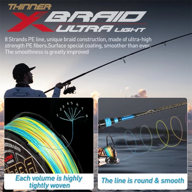 Ligne de pêche PE multifilament 8 brins ZUKIBO ULTRA LIGHT, très fluide et incolore, pour pêche