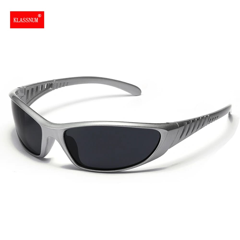 Lunettes de soleil Y2K argentées futuristes pour pêche tendance - Design ajouré technologique unisexe