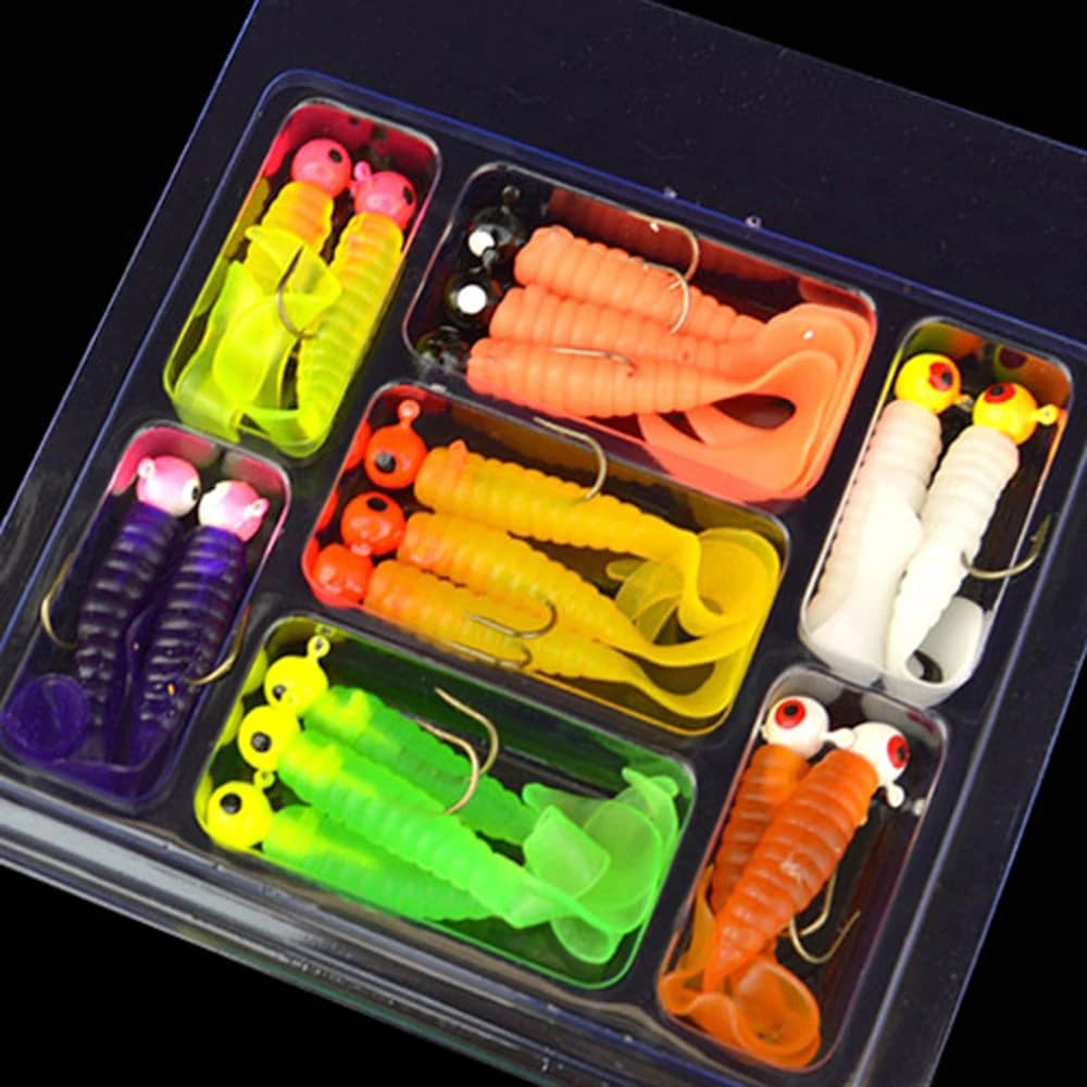 Set 34 pièces hameçons métal + vers souples - Leurres artificiels pour pêche au grub