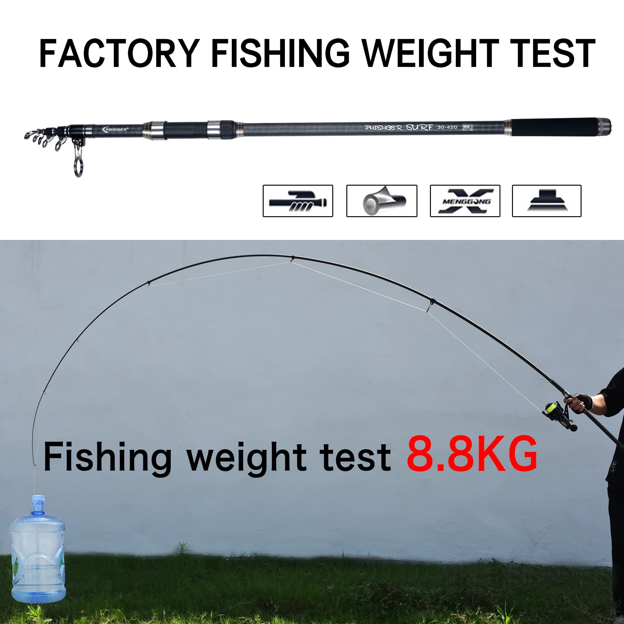 Canne téléscopique surfcasting PHISHGER 3.6m à 5.3m puissance 80-150g carbone 30T pour pêche du bord en mer