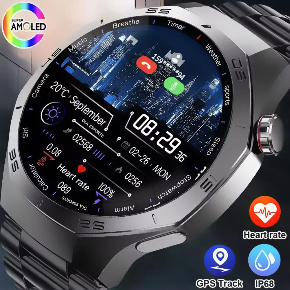 Smartwatch Homme Android iOS 2025 - Écran AMOLED HD, GPS Trajectoire, Appels Bluetooth, Étanche