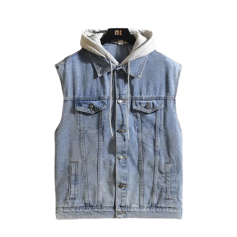 Veste sans manches denim homme printemps été automne noire avec capuche pour ados grande taille M-5XL