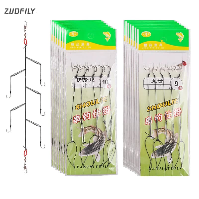 Set pêche acier carbone montages avec 5 hameçons et émerillons pour appâts naturels leurres