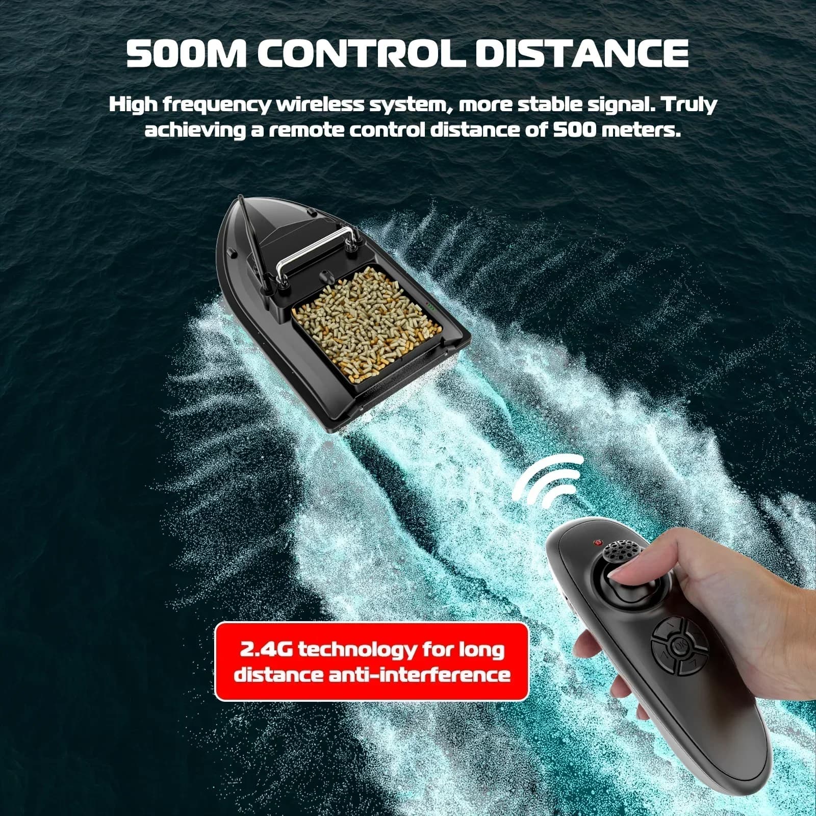 Bateau appât télécommandé 500m 2kg charge - vitesse fixe étanche lumière nuit pêche
