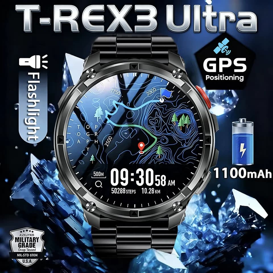 Montre T-Rex3 Ultra 2026 - Smartwatch pêche 1100mAh 1.7" écran large étanche 5ATM appels sport