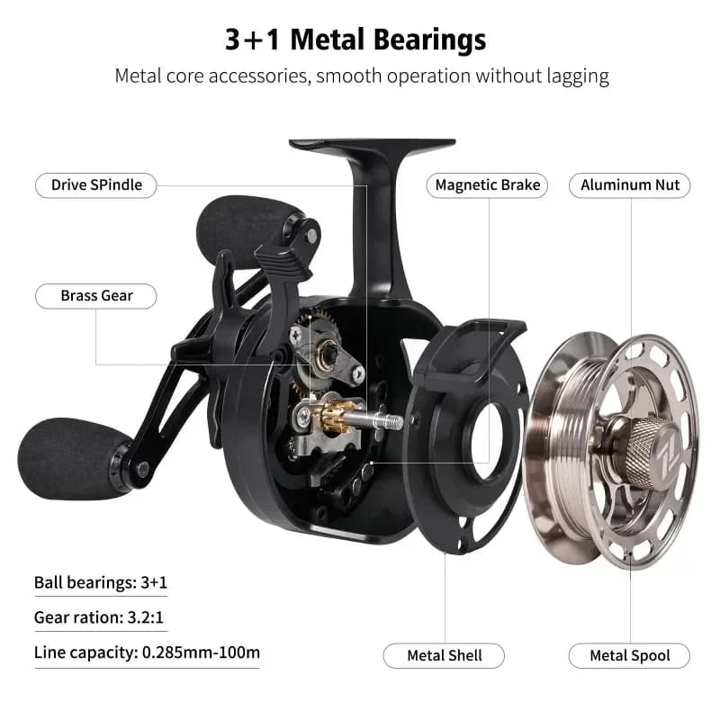 Moulinet pêche glace grand diamètre bobine avec freespool et spool métal 3+1 pour appâts fluides