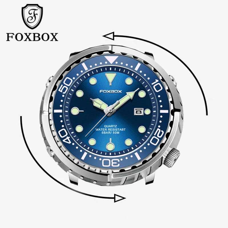 Montre Plongeur Homme FOXBOX 50ATM Étanche Luxe Quartz Sport Date Élégante Marque Mode