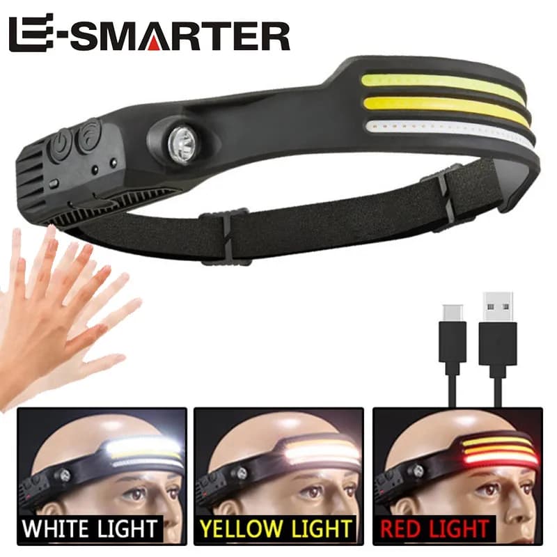 Lampe frontale à induction COB LED 5 modes rechargeable USB pour pêche et activités nocturnes